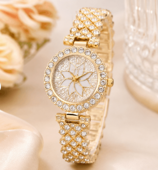 Luxury Women's Floral Crystal Quartz Watch – Gold Elegant Wristwatch
